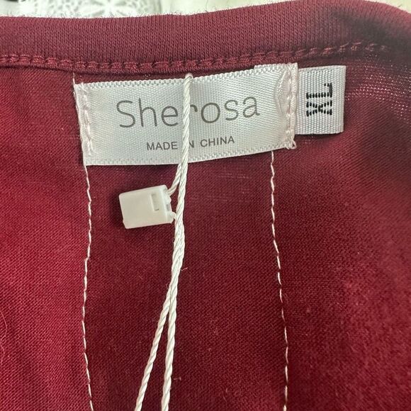 Sherosa Women's XL Long Sleeve Colorblock Tunic‎ Maroon Ivory Stripe Lace Inset - Picture 3 of 9